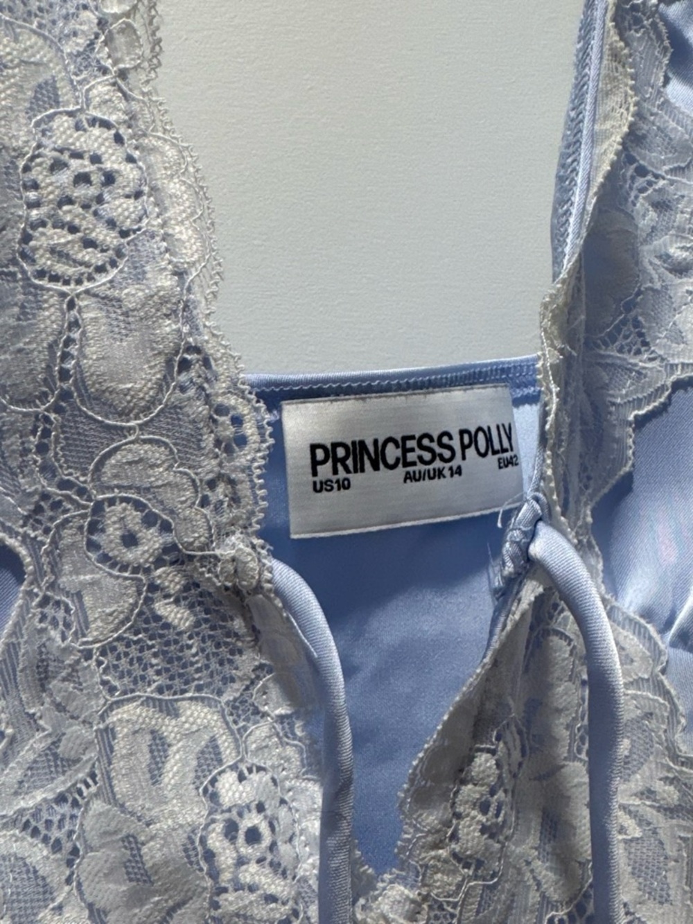 Princess Polly Light Blue Satin Mini Dress with White Lace Trim - Picture 2 of 3